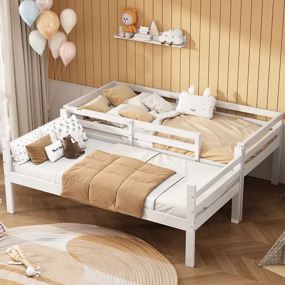 Okwish Lit superposé 90x200 cm - Lit enfant avec 2 tiroirs et porte chaussures - MDF + Pin - Sans matelas - Blanc Hot