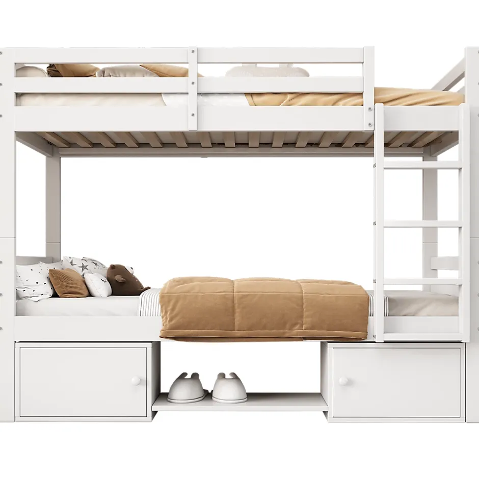 Okwish Lit superposé 90x200 cm - Lit enfant avec 2 tiroirs et porte chaussures - MDF + Pin - Sans matelas - Blanc Hot