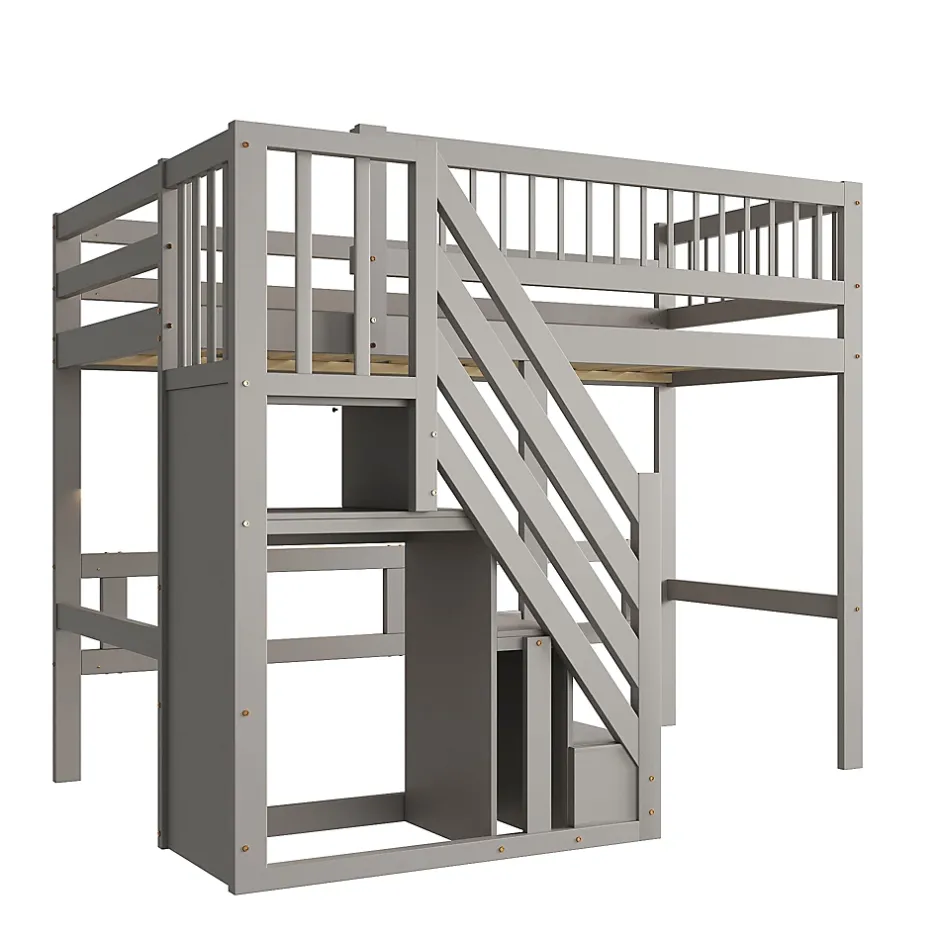 Okwish Lit Superposé 90x200 cm - Lit enfant avec Échelle et Rangement Intégré, Structure en Bois Massif, Sans Matelas - Gris Discount