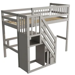 Okwish Lit Superposé 90x200 cm - Lit enfant avec Échelle et Rangement Intégré, Structure en Bois Massif, Sans Matelas - Gris Discount