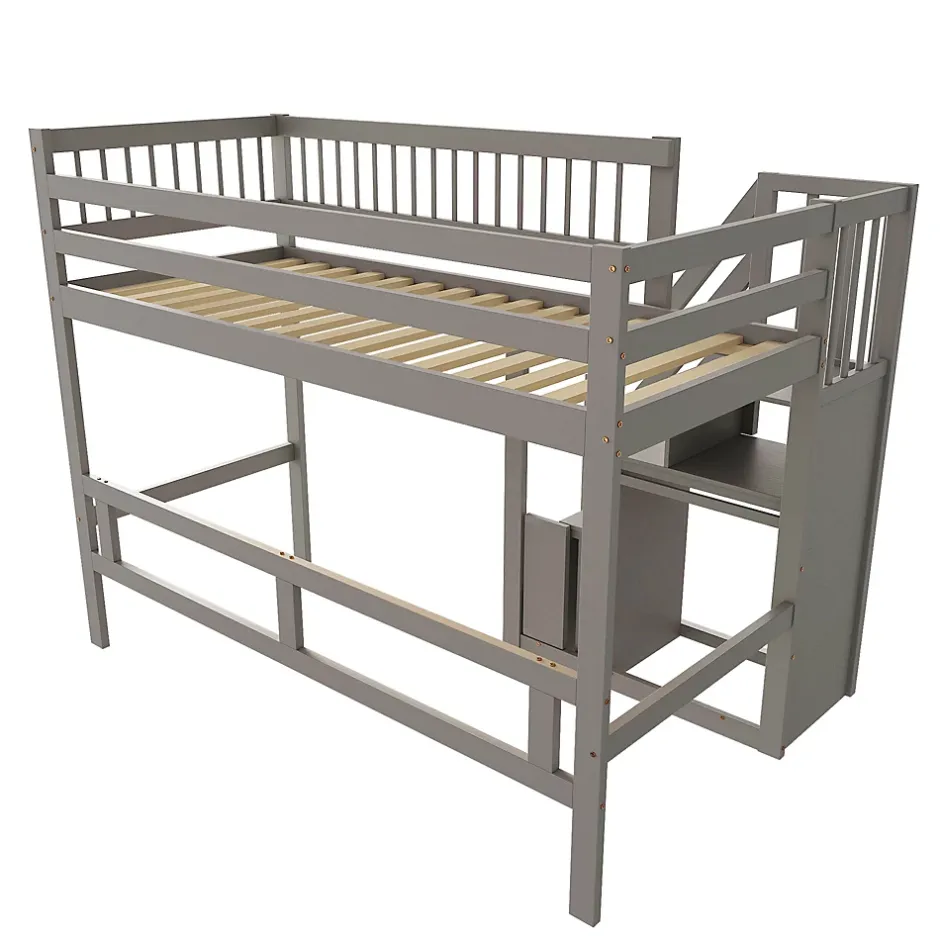 Okwish Lit Superposé 90x200 cm - Lit enfant avec Échelle et Rangement Intégré, Structure en Bois Massif, Sans Matelas - Gris Discount