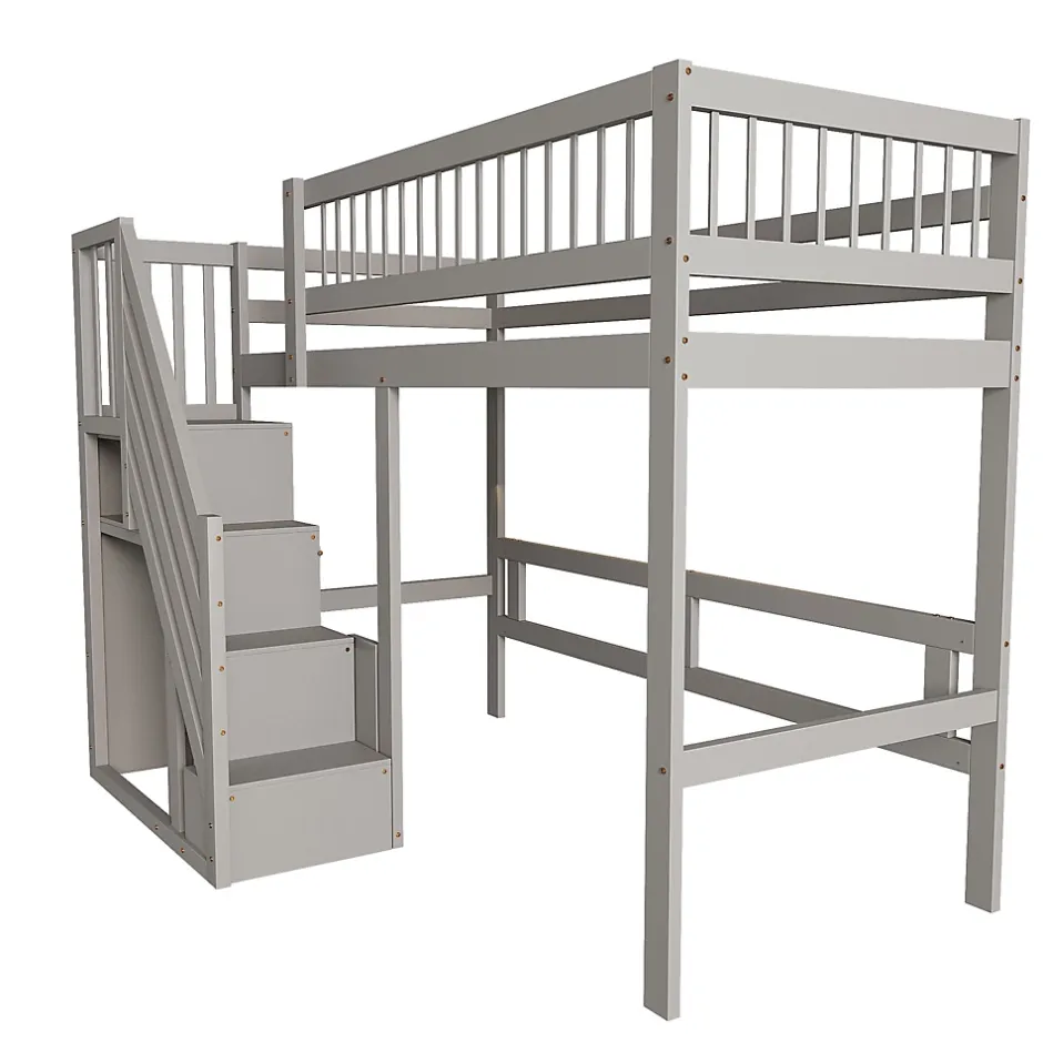 Okwish Lit Superposé 90x200 cm - Lit enfant avec Échelle et Rangement Intégré, Structure en Bois Massif, Sans Matelas - Gris Discount
