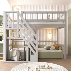 Okwish Lit Superposé 90x200 cm - Lit enfant avec Échelle et Rangement Intégré, Structure en Bois Massif, Sans Matelas - Gris Discount