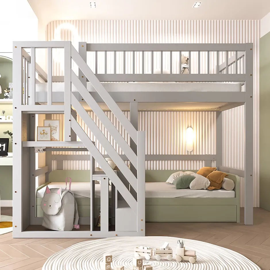 Okwish Lit Superposé 90x200 cm - Lit enfant avec Échelle et Rangement Intégré, Structure en Bois Massif, Sans Matelas - Gris Discount