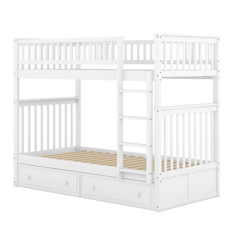 Enfant Okwish Lit Superposé 90x200 cm - Lit enfant avec 2 Tiroirs de Rangement - Bois de Pin et MDF Robuste - Blanc - Sans Matelas