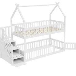 Okwish Lit superposé 90x200 cm - Lit enfant avec Rangement et Toit, Échelle de Sécurité et Garde-Corps, Sans Matelas - Bois Massif Blanc Outlet