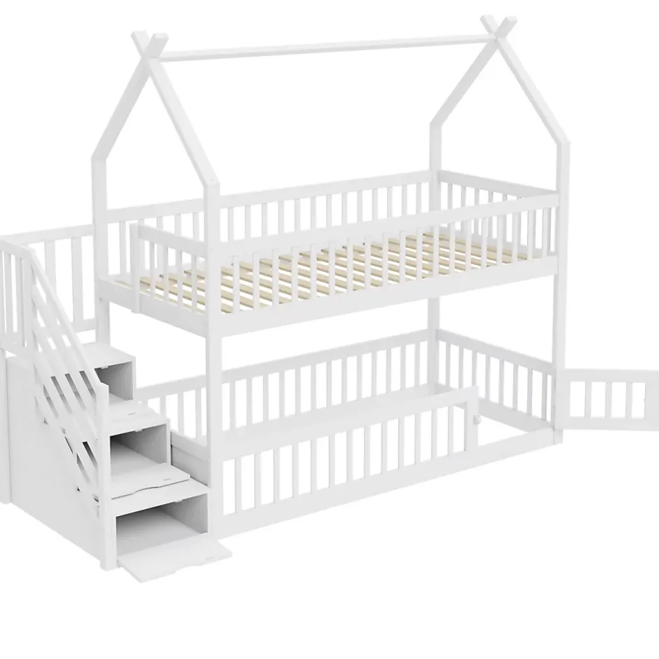 Okwish Lit superposé 90x200 cm - Lit enfant avec Rangement et Toit, Échelle de Sécurité et Garde-Corps, Sans Matelas - Bois Massif Blanc Outlet
