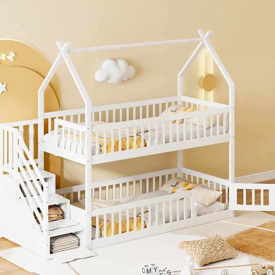 Okwish Lit superposé 90x200 cm - Lit enfant avec Rangement et Toit, Échelle de Sécurité et Garde-Corps, Sans Matelas - Bois Massif Blanc Outlet