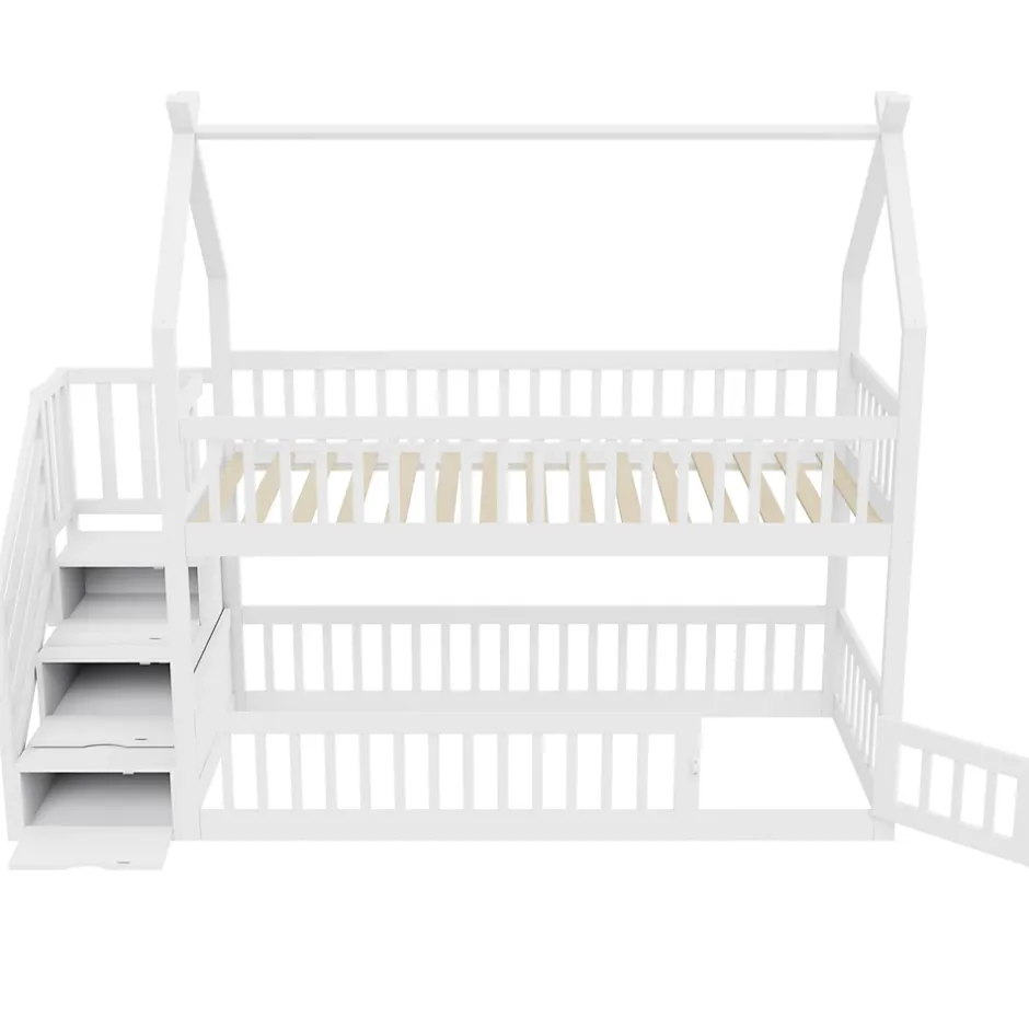 Okwish Lit superposé 90x200 cm - Lit enfant avec Rangement et Toit, Échelle de Sécurité et Garde-Corps, Sans Matelas - Bois Massif Blanc Outlet