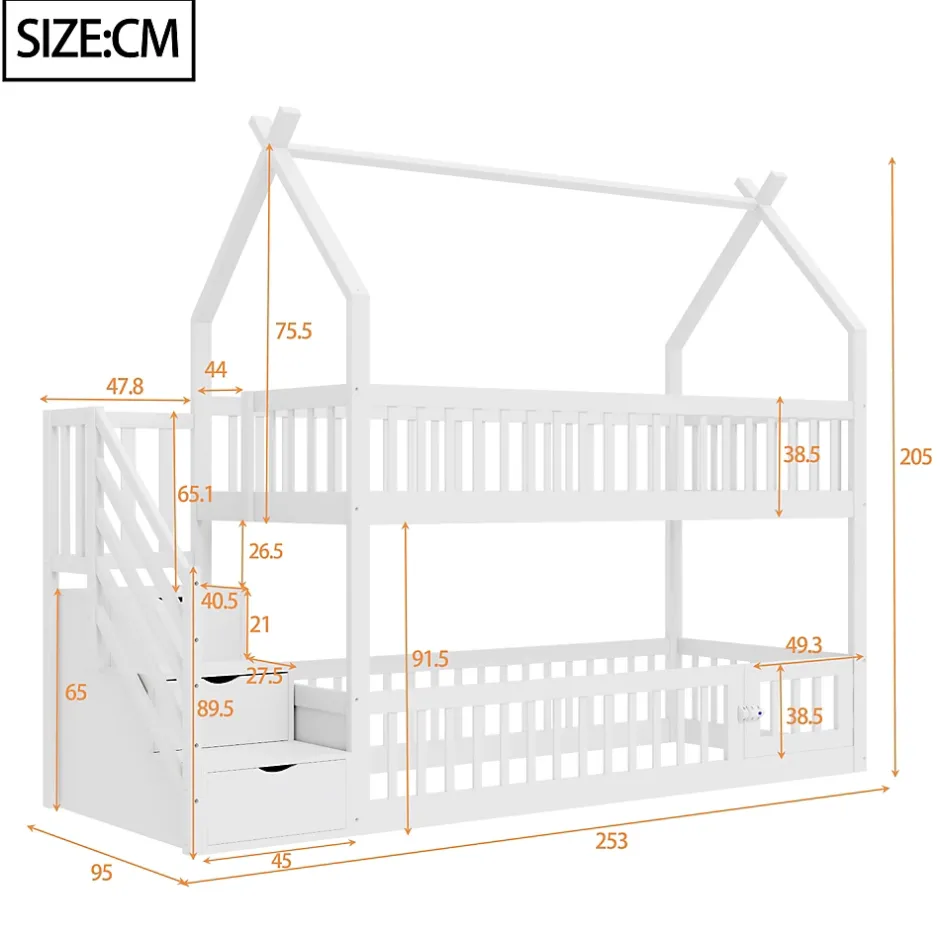 Okwish Lit superposé 90x200 cm - Lit enfant avec Rangement et Toit, Échelle de Sécurité et Garde-Corps, Sans Matelas - Bois Massif Blanc Outlet