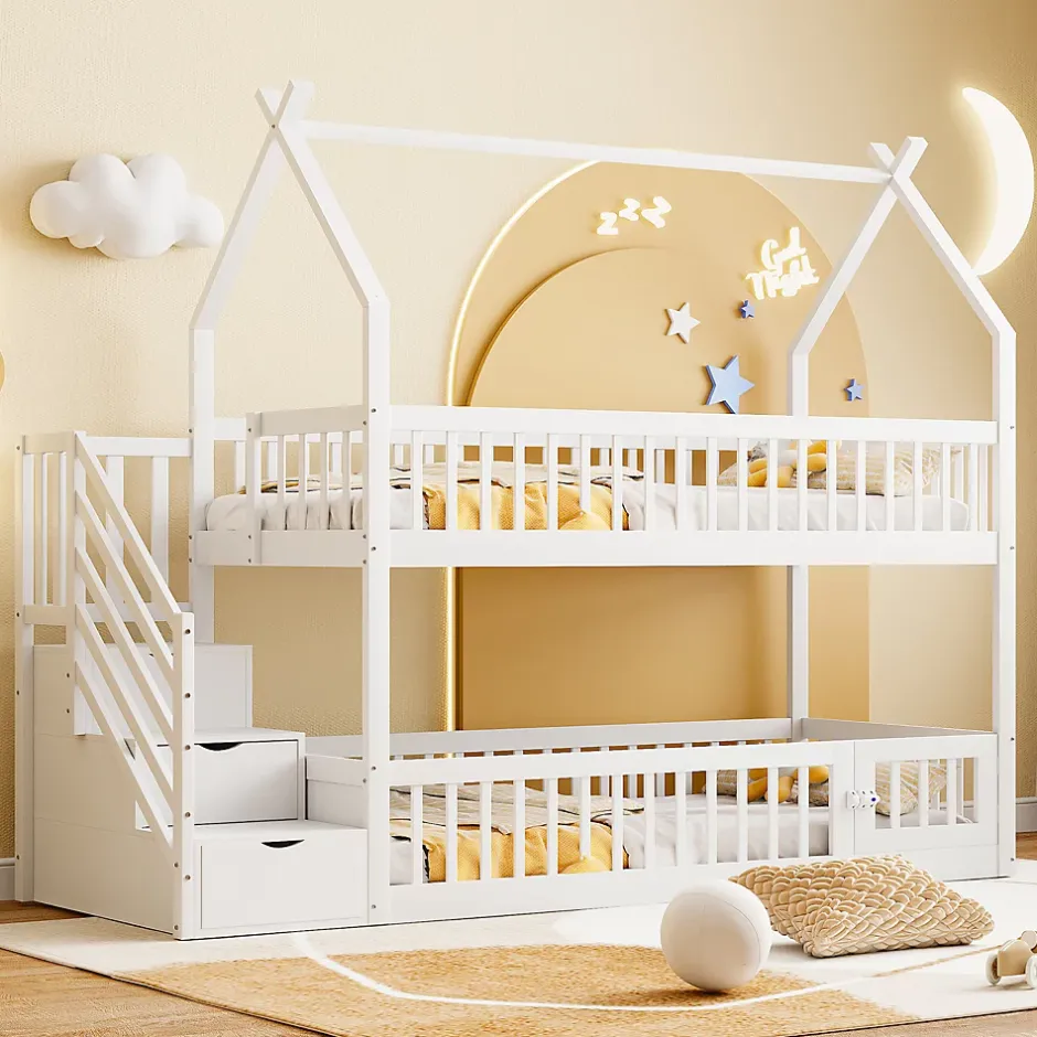 Okwish Lit superposé 90x200 cm - Lit enfant avec Rangement et Toit, Échelle de Sécurité et Garde-Corps, Sans Matelas - Bois Massif Blanc Outlet