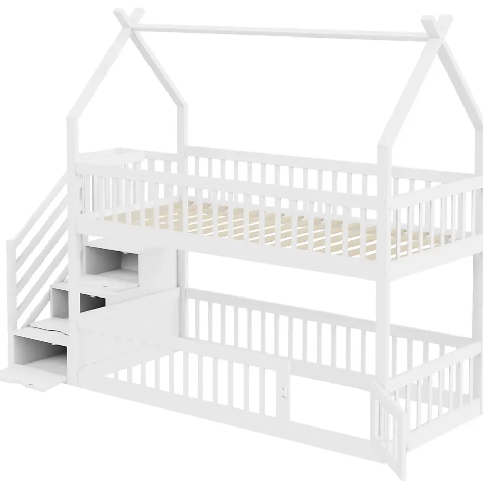 Okwish Lit superposé 90x200 cm - Lit enfant avec Rangement et Toit, Échelle de Sécurité et Garde-Corps, Sans Matelas - Bois Massif Blanc Outlet