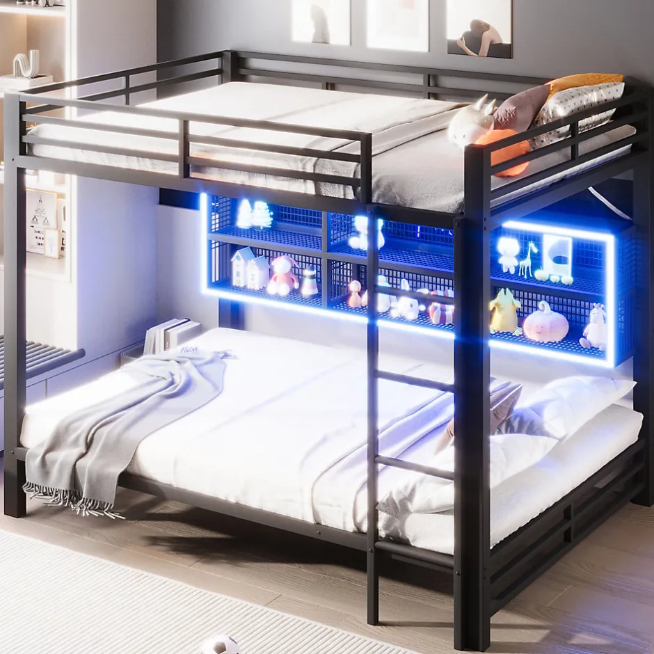 Enfant Okwish Lit Superposé 140x200 cm - Lit Enfant et Ado avec LED et Rangement, Étagères Intégrées, Sans Matelas, en Métal, Noir