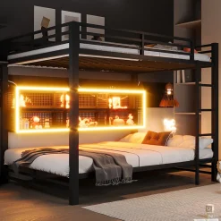 Enfant Okwish Lit Superposé 140x200 cm - Lit Enfant et Ado avec LED et Rangement, Étagères Intégrées, Sans Matelas, en Métal, Noir