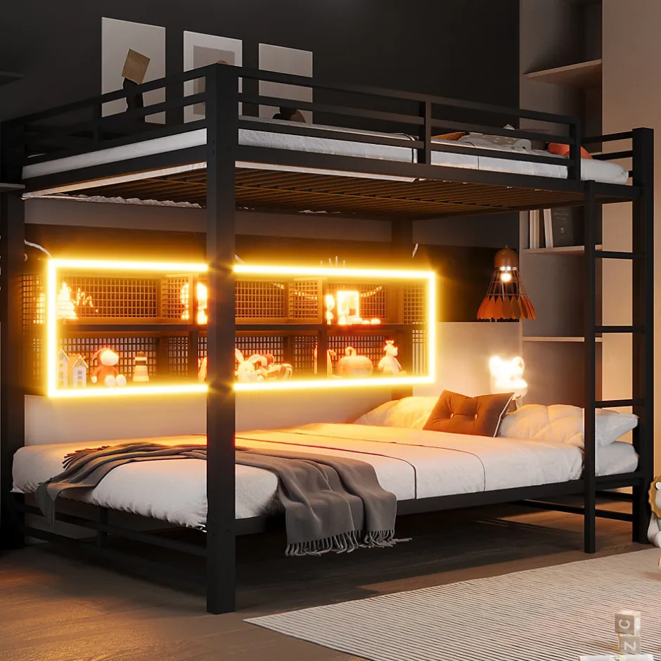 Enfant Okwish Lit Superposé 140x200 cm - Lit Enfant et Ado avec LED et Rangement, Étagères Intégrées, Sans Matelas, en Métal, Noir