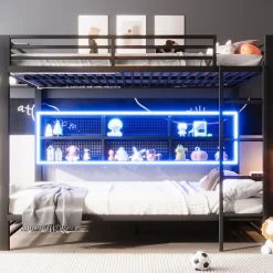 Enfant Okwish Lit Superposé 140x200 cm - Lit Enfant et Ado avec LED et Rangement, Étagères Intégrées, Sans Matelas, en Métal, Noir