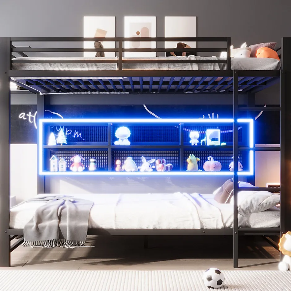 Enfant Okwish Lit Superposé 140x200 cm - Lit Enfant et Ado avec LED et Rangement, Étagères Intégrées, Sans Matelas, en Métal, Noir