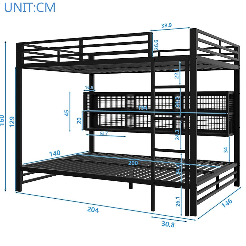 Enfant Okwish Lit Superposé 140x200 cm - Lit Enfant et Ado avec LED et Rangement, Étagères Intégrées, Sans Matelas, en Métal, Noir