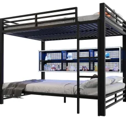 Enfant Okwish Lit Superposé 140x200 cm - Lit Enfant et Ado avec LED et Rangement, Étagères Intégrées, Sans Matelas, en Métal, Noir
