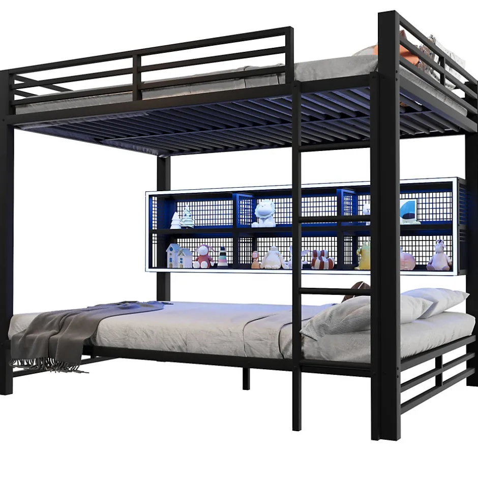 Enfant Okwish Lit Superposé 140x200 cm - Lit Enfant et Ado avec LED et Rangement, Étagères Intégrées, Sans Matelas, en Métal, Noir