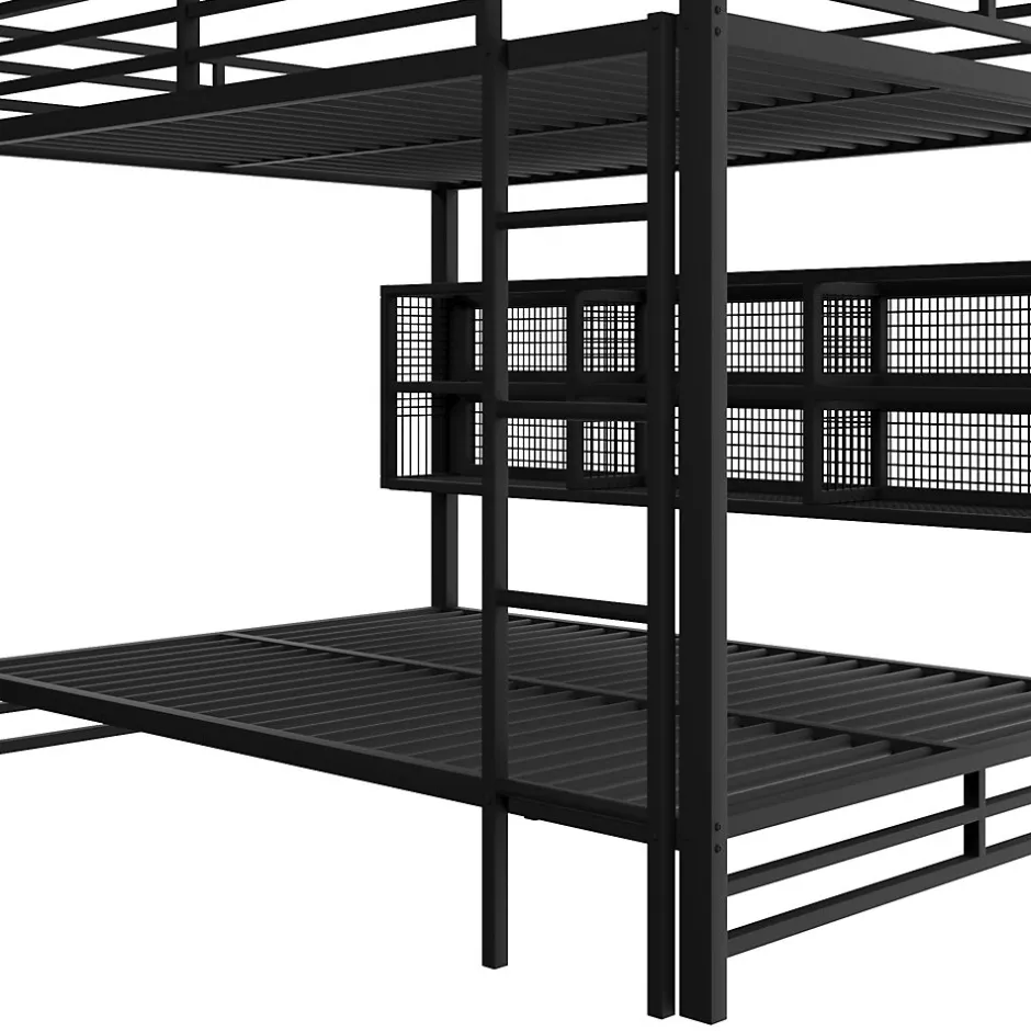 Enfant Okwish Lit Superposé 140x200 cm - Lit Enfant et Ado avec LED et Rangement, Étagères Intégrées, Sans Matelas, en Métal, Noir