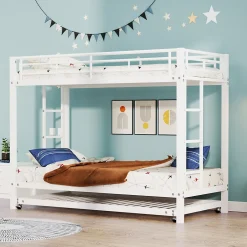 Enfant Okwish Lit Superposé 90x200 cm - Lit enfant avec Lit Gigogne Extensible, Garde-Corps Hauts, Métal, Blanc - Sans Matelas