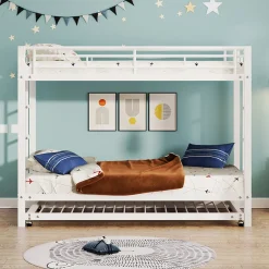 Enfant Okwish Lit Superposé 90x200 cm - Lit enfant avec Lit Gigogne Extensible, Garde-Corps Hauts, Métal, Blanc - Sans Matelas
