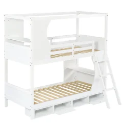 Enfant Okwish Lit Superposé 90x200 cm - Lit enfant Combiné avec Armoire, Table Pratique et Escalier Sécurisé - Grand Rangement - MDF Blanc