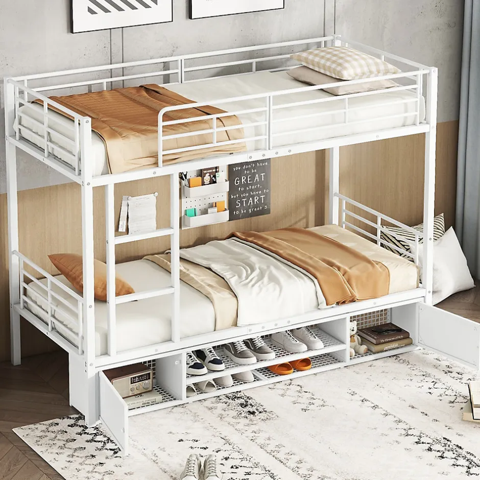 Enfant Okwish Lit Superposé 90x200 cm - Lit enfant en Métal avec Rangement Chaussures et 2 Tiroirs, Protection Latérale - Sans Matelas - Blanc