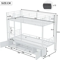 Enfant Okwish Lit Superposé 90x200 cm - Lit enfant en Métal avec Rangement Chaussures et 2 Tiroirs, Protection Latérale - Sans Matelas - Blanc