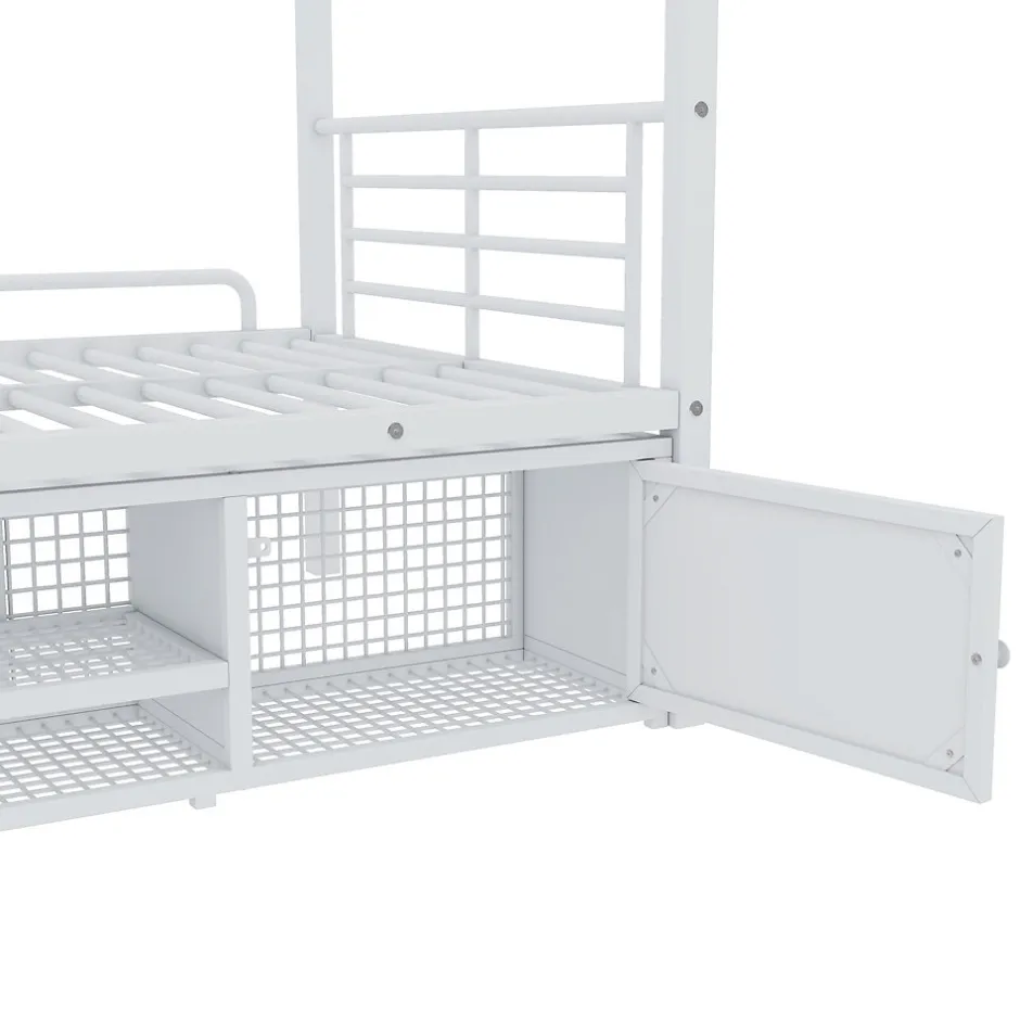 Enfant Okwish Lit Superposé 90x200 cm - Lit enfant en Métal avec Rangement Chaussures et 2 Tiroirs, Protection Latérale - Sans Matelas - Blanc