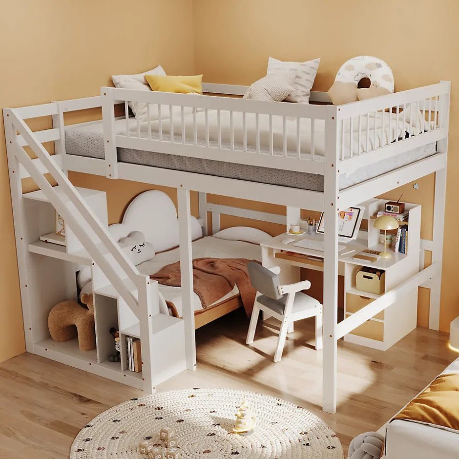 Enfant Okwish Lit superposé 140x200 cm - Lit enfant avec escalier et rangement - Pin massif + MDF - Sans matelas - Blanc