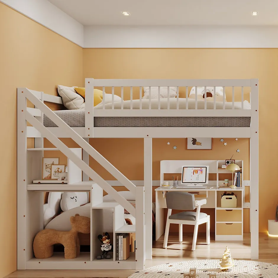 Enfant Okwish Lit superposé 140x200 cm - Lit enfant avec escalier et rangement - Pin massif + MDF - Sans matelas - Blanc