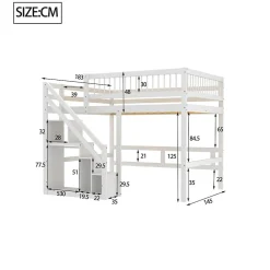 Enfant Okwish Lit superposé 140x200 cm - Lit enfant avec escalier et rangement - Pin massif + MDF - Sans matelas - Blanc