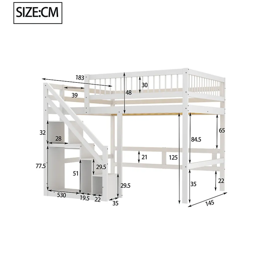 Enfant Okwish Lit superposé 140x200 cm - Lit enfant avec escalier et rangement - Pin massif + MDF - Sans matelas - Blanc