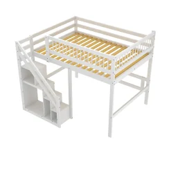 Enfant Okwish Lit superposé 140x200 cm - Lit enfant avec escalier et rangement - Pin massif + MDF - Sans matelas - Blanc