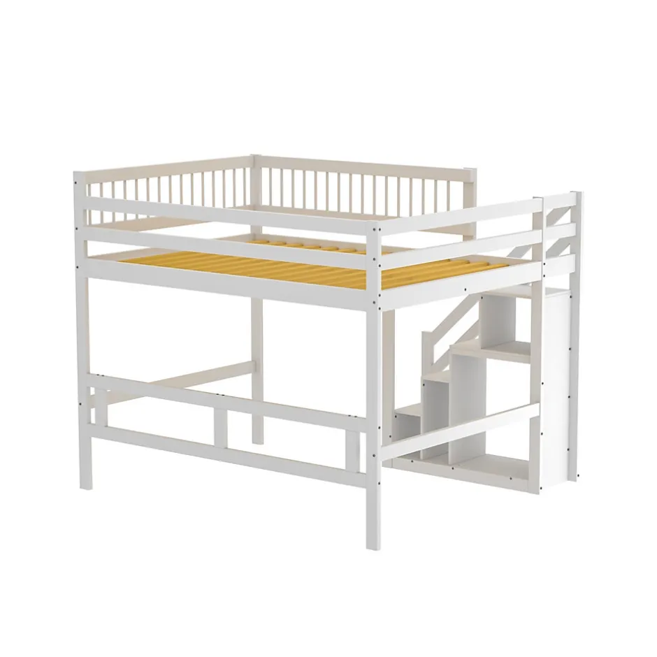 Enfant Okwish Lit superposé 140x200 cm - Lit enfant avec escalier et rangement - Pin massif + MDF - Sans matelas - Blanc