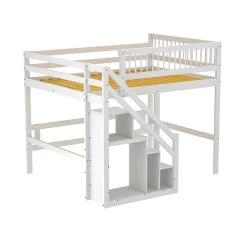 Enfant Okwish Lit superposé 140x200 cm - Lit enfant avec escalier et rangement - Pin massif + MDF - Sans matelas - Blanc