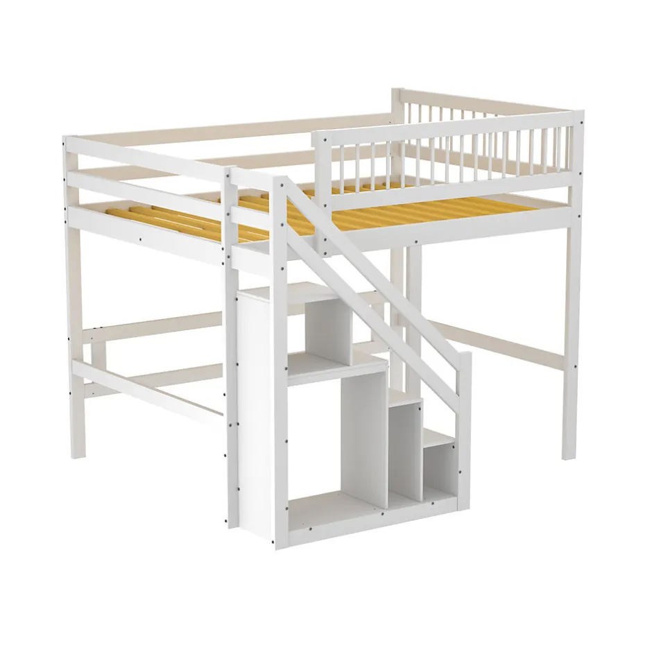 Enfant Okwish Lit superposé 140x200 cm - Lit enfant avec escalier et rangement - Pin massif + MDF - Sans matelas - Blanc
