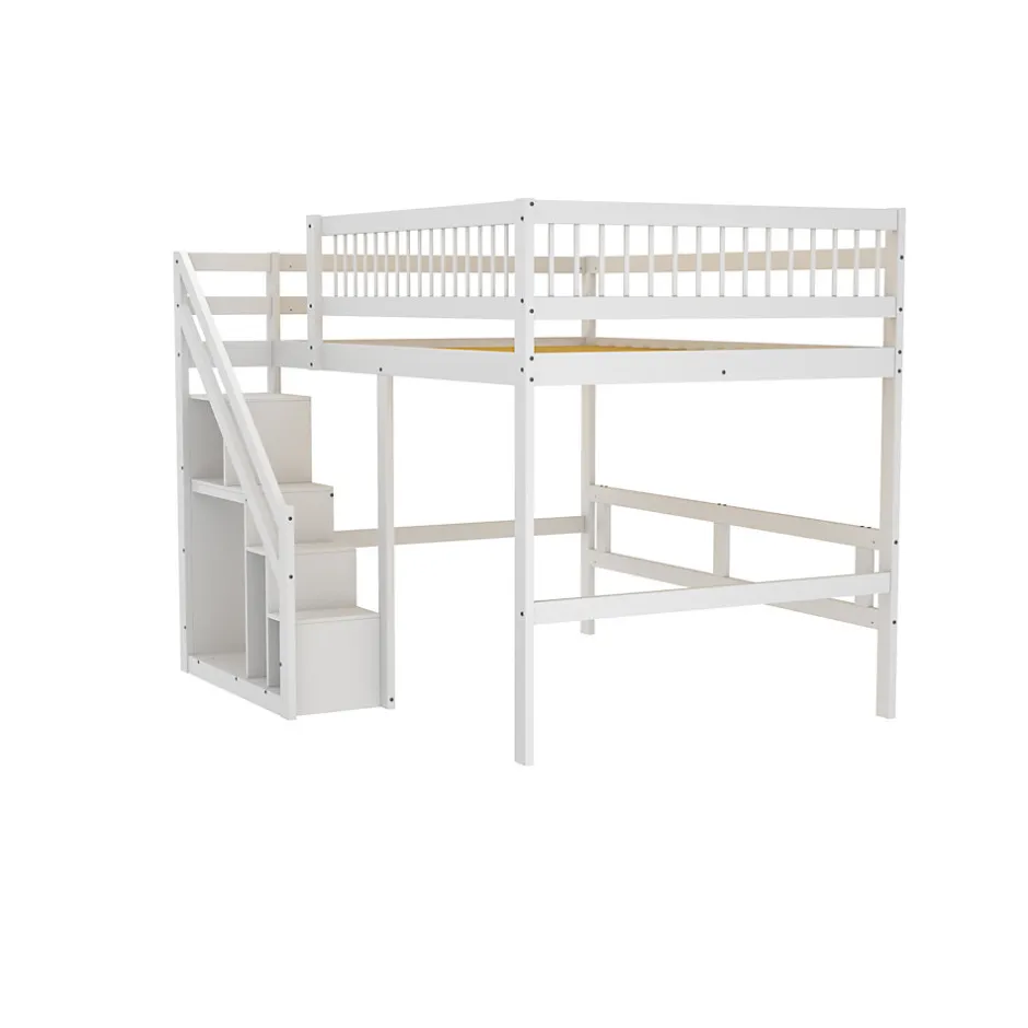 Enfant Okwish Lit superposé 140x200 cm - Lit enfant avec escalier et rangement - Pin massif + MDF - Sans matelas - Blanc