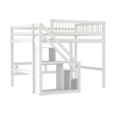 Enfant Okwish Lit superposé 140x200 cm - Lit enfant avec escalier et rangement - Pin massif + MDF - Sans matelas - Blanc