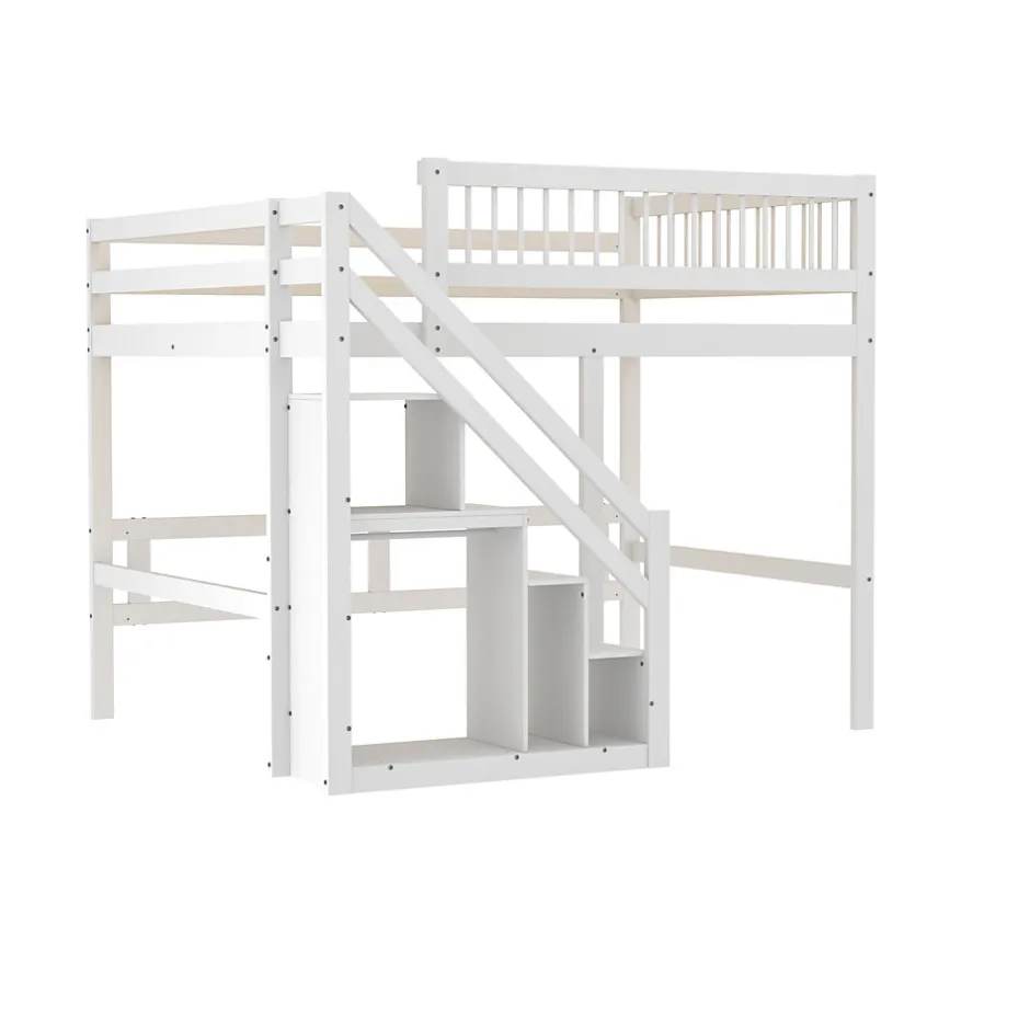 Enfant Okwish Lit superposé 140x200 cm - Lit enfant avec escalier et rangement - Pin massif + MDF - Sans matelas - Blanc
