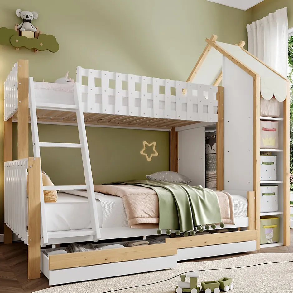 Enfant Okwish Lit Superposé 90x200 cm - Lit Enfant avec 2 Tiroirs et Barrières de Sécurité - Design Bois - Sans Matelas - Blanc+Naturel