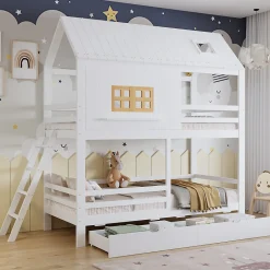 Enfant Okwish Lit Superposé 90x200 cm - Lit Enfant Cabane avec Toit, Fenêtres et Échelle, 2 Grands Tiroirs, MDF, Blanc et Naturel, sans Matelas