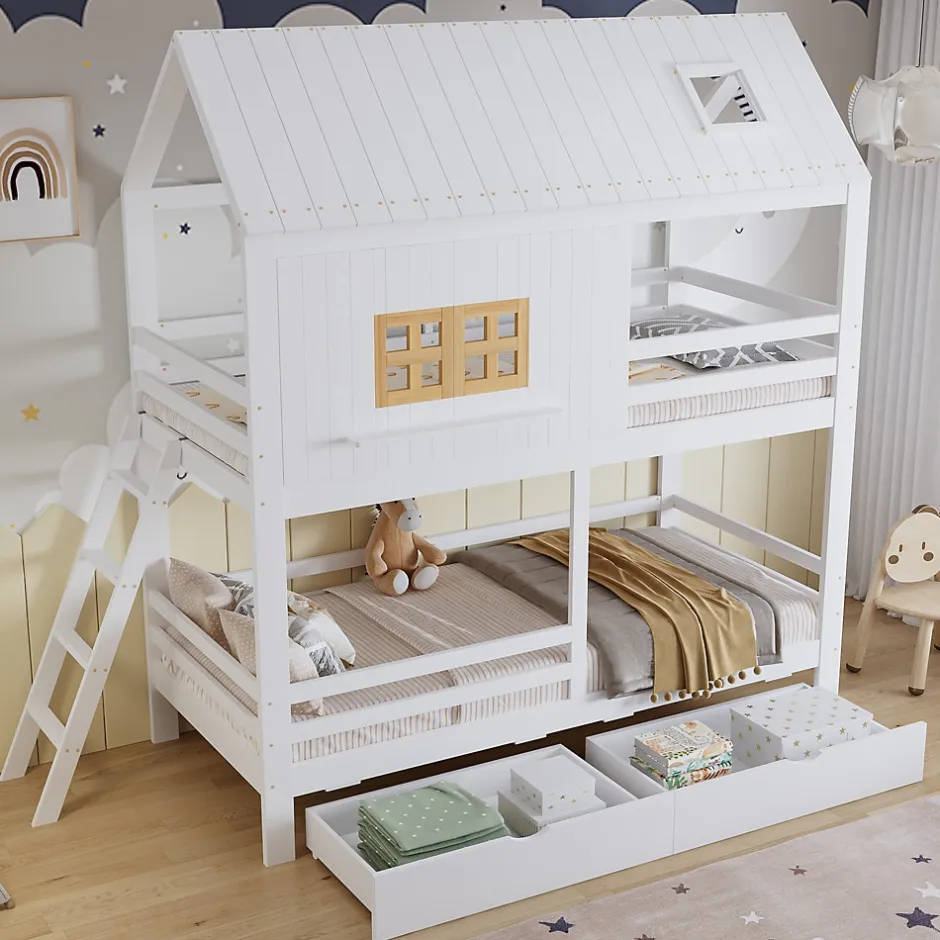 Enfant Okwish Lit Superposé 90x200 cm - Lit Enfant Cabane avec Toit, Fenêtres et Échelle, 2 Grands Tiroirs, MDF, Blanc et Naturel, sans Matelas