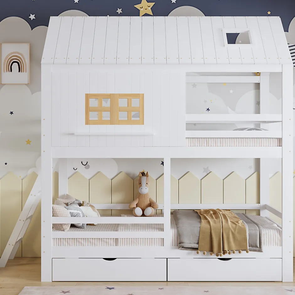 Enfant Okwish Lit Superposé 90x200 cm - Lit Enfant Cabane avec Toit, Fenêtres et Échelle, 2 Grands Tiroirs, MDF, Blanc et Naturel, sans Matelas