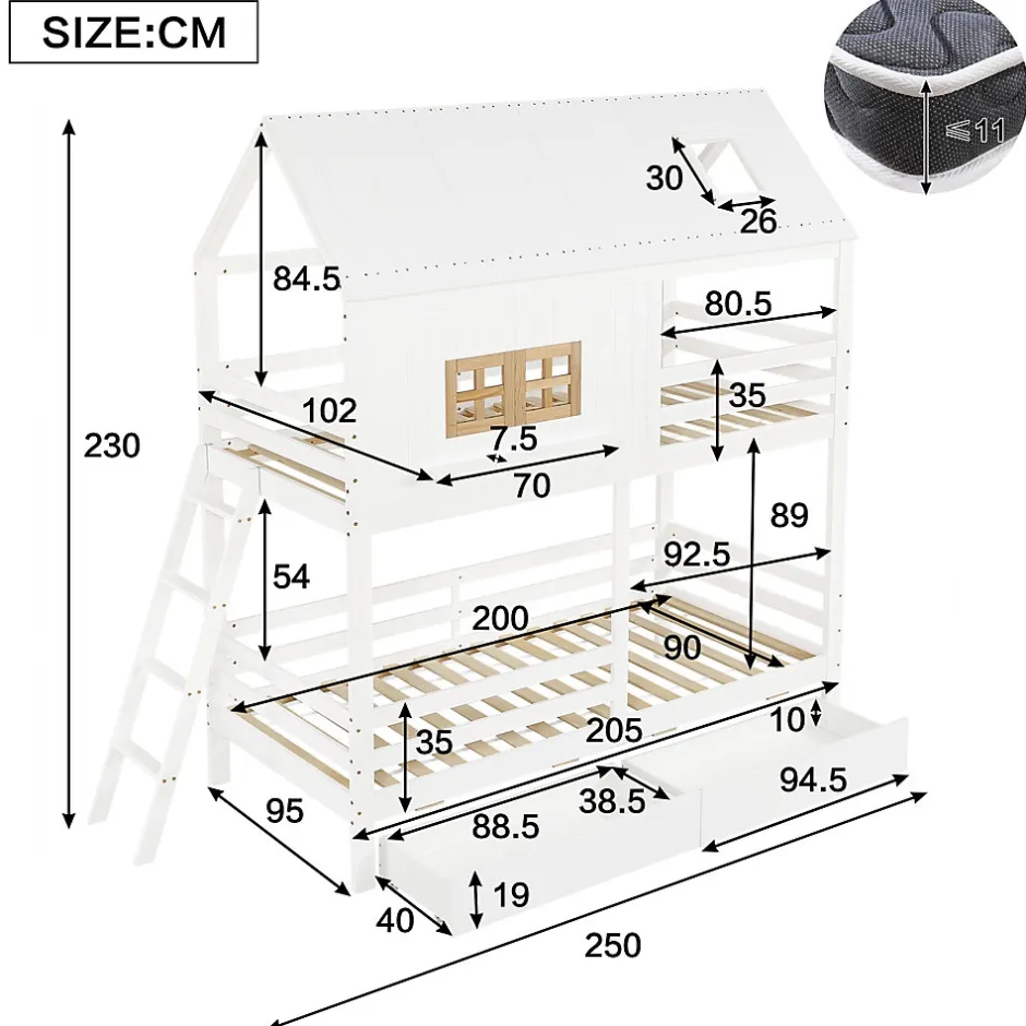 Enfant Okwish Lit Superposé 90x200 cm - Lit Enfant Cabane avec Toit, Fenêtres et Échelle, 2 Grands Tiroirs, MDF, Blanc et Naturel, sans Matelas