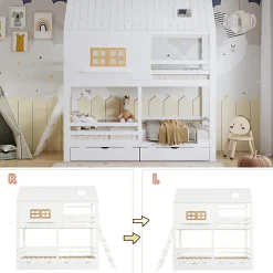 Enfant Okwish Lit Superposé 90x200 cm - Lit Enfant Cabane avec Toit, Fenêtres et Échelle, 2 Grands Tiroirs, MDF, Blanc et Naturel, sans Matelas