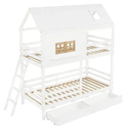 Enfant Okwish Lit Superposé 90x200 cm - Lit Enfant Cabane avec Toit, Fenêtres et Échelle, 2 Grands Tiroirs, MDF, Blanc et Naturel, sans Matelas