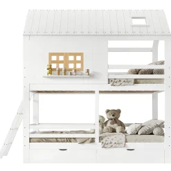 Enfant Okwish Lit Superposé 90x200 cm - Lit Enfant Cabane avec Toit, Fenêtres et Échelle, 2 Grands Tiroirs, MDF, Blanc et Naturel, sans Matelas